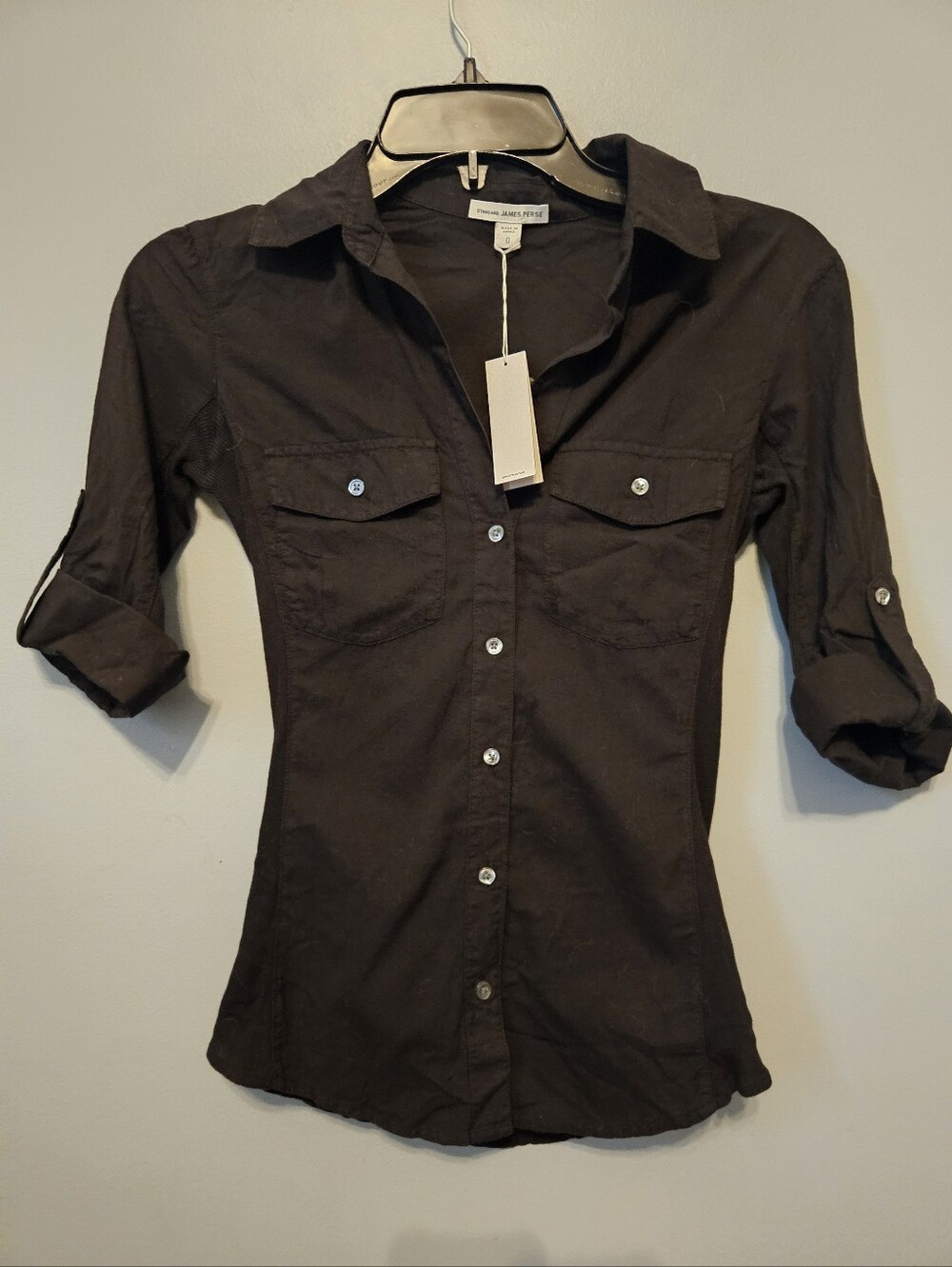 James Perse Ribbed Panel Surplus Button Down shirt Top Black Size 0 XS XXS NWT
